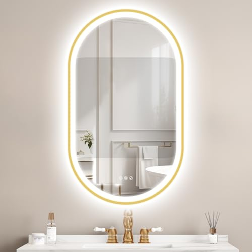 STARLEAD Guld spegel badrum oval med ljus och Bluetooth 100 x 60 cm, LED-badrumsspegel med anti-dimma, justerbar, 3 färger ljus, minne, IP44, härdat glas, horisontell/vertikal, icke-metallisk ram