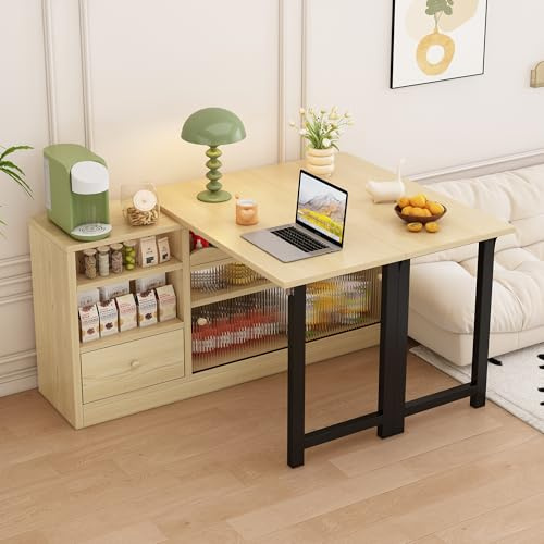 Ausziehbarer Klapp-Esstisch Mit Stauraum, 360° Drehbar, Moderner Faltbarer Tisch Mit Sideboard, Raumteilerschrank Und Große Aufbewahrung, Platzsparendes Design Für Alle Wohnstile (Natur+Schwarz)