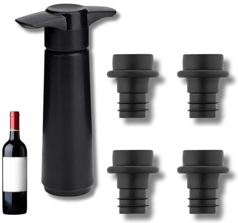 Wine Saver Pump with 4 Vacuum Stoppers – Reusable Wine Preserver to Keep Wine Fresh – Silicone Bottle Stoppers for Red & White Wine, Champagne, and Beer – Ideal for Home, Bar & Wine Lovers