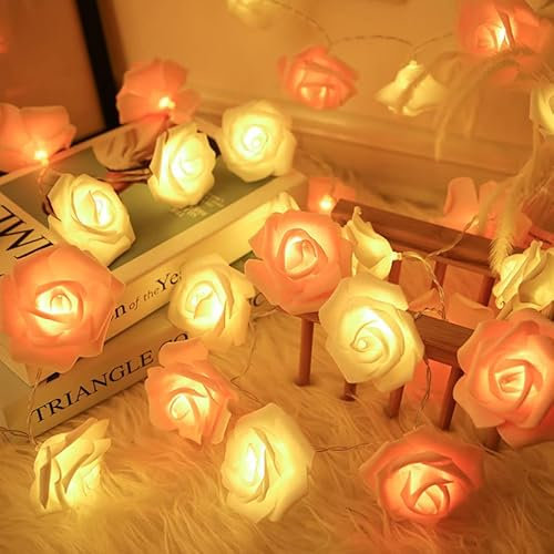 LED Lichterkette Rose, 6M 40 LED Lichterketten Innen Batterie, Rose Lichterkette Blumen Girlande, Frühling Deko Lichterkette für Schlafzimmer,Hochzeit,Party,Garten,Festival (Pink white 6m)