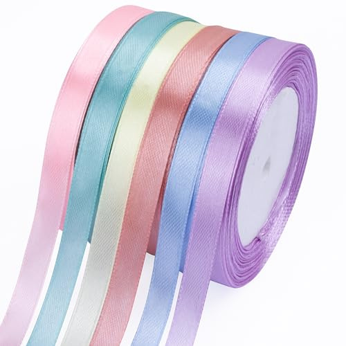 Fyshird Cinta de regalo en colores pastel, 10 mm x 22 m, cinta de raso, 6 colores, cinta de poliéster multicolor, para manualidades, cinta decorativa para globos, bodas, cumpleaños, bricolaje