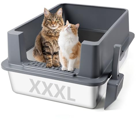 Bartuke Kattlåda med lock, XXL kattsandlåda i rostfritt stål för stora katter 3-lagers avtagbar kattlåda med lock & skopa och pedal, Klibbar inte, luktar inte, lätt att rengöra, grå
