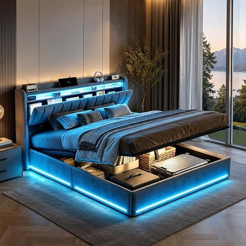 QMTXBYJ Letto Matrimoniale con Contenitore 160x200 cm con LED e USB, Letti matrimoniali moderni con testiera e vano portaoggetti, Letto imbottito 160x200 con Contenitore, Senza Materasso,velluto