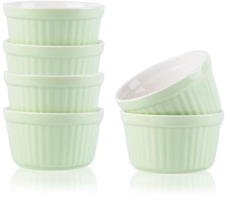 Creme Brulee Bowls, Pack of 6, 200 ml Souffle Moulds, Oven Safe, Cream Brulee Ramekin Soufflé Cups for Baking, Creme Brulee Bowls, Ceramic Moulds Oven Safe Cases (Green)