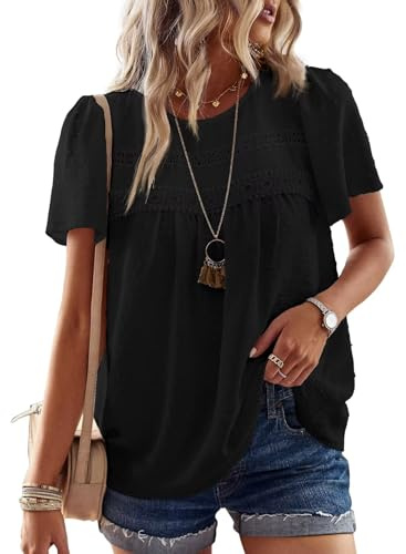 TUUHAW Camicia Donna Girocollo Casual T-Shirt con Scollo Manica Corta Pizzo Estiva Boho Maglietta Elegante Blusa Allentate Nero M