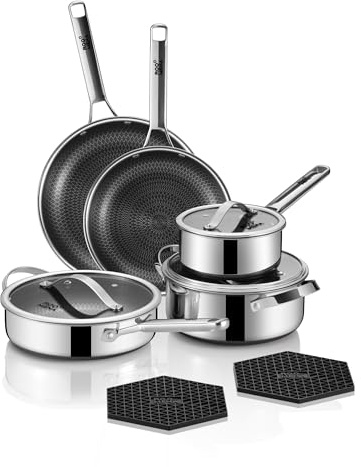 Ensemble de casseroles et poêles hybrides en acier inoxydable, 10 pièces antiadhésives à trois couches avec poêle, passe au lave-vaisselle et au four, sans PFOA, compatible avec toutes les tables de