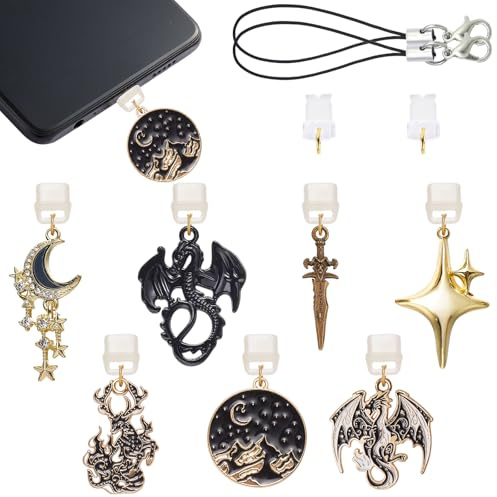 WEWAYSMILE Lot de 7 bouchons anti-poussière de type C USB C avec pendentifs en alliage Wyvern, dragon, étoile et lune, protection de port de charge mignonne pour lecteur de téléphone, accessoire