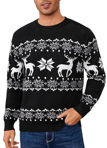 Leversic Suéter de Navidad para Hombre Punto Jersey de Invierno con Cuello Redondo Diseño de Renos y Copos de Nieve para Navidad S-XXL(Negro,XL)