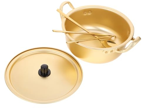 ULTECHNOVO Pot à Nouilles Coréen Multifonction Aluminium Marmite à Soupe avec Poignées Antidérapantes Cuiseur pour Ramen Fruits de Mer et Hot Pot avec Cuillère et Baguettes Dorées