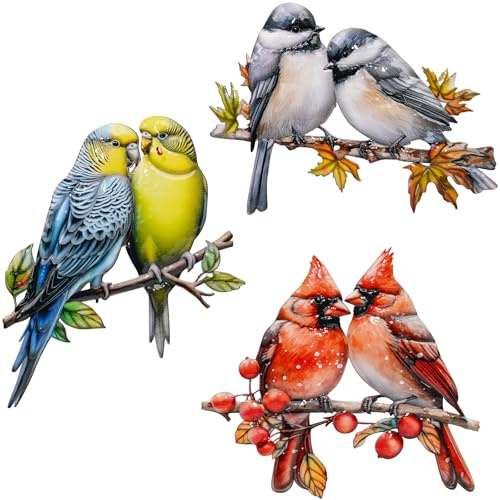 YOADEHOA 3Pcs Metal Wall Art Decor Birds on Branch, 3D Colorful Bird Outdoor Hanging Wall Art Patio Fence Decorations, Hummingbird Wall Sculptures for Indoor Outdoor Garden (Birds B)