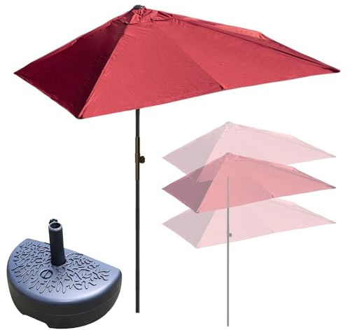 Demi-parasol pour jardin et balcon réglable en hauteur, imperméable et protection UV, 200 x 100 cm, couleur rouge, 2 m