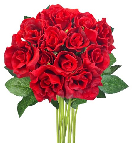 12PCS Artificial Roses, Single Long Stem Fake Flower, 35cm Bunch of Artificial Flower, Real Touch Faux Floral for Wedding Decoration Bridal Bouquet Table Centerpieces, Home Garden Office DIY Decor