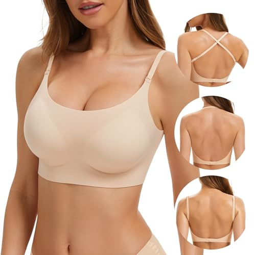 Low Back Bra Seamless No Underwire Padded Bralette Scoop Neck Bras Convertible Straps Halter Backless Bra, Nude, X-Large