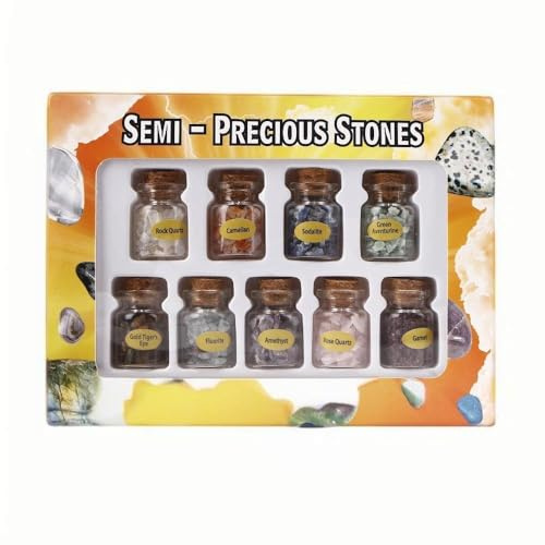 Mini Glass Bottles with Mineral Specimens, Natural Crystal Chips, Wish Bottle, Drift Bottle, Boxed Set, Approx. 6.89 x 5.12 x 0.94 in (17.5 x 13 x 2.4 cm), 8 Pieces