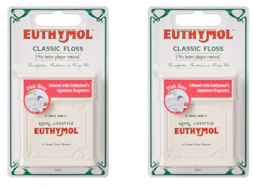 Euthymol Lot de 2 fils dentaires roses avec revêtement en cire végétalien, saveur menthe, large fil dentaire pour appareils dentaires, ponts et implants, blanchiment et prévention des taches