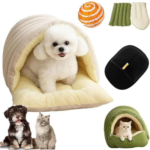 Cutypet Winterhöhle, Hundehöhle Kuschelhöhle, Katzenbett Waschbar, Katzen Höhle, Katzenbett Aus Cord-Tunnelzelt, Abnehmbares Waschbares Bettkissen (Beige, L-57 * 37 * 28cm)