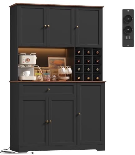 FirFurd Kitchen Cupboard Tall Kitchen Cabinets with LED, Power Outlet, Sideboard Storage Cabinet with Wine Rack for 12 Bottles, Countertop and Drawer Dining Room Furniture180x100x39cm Black