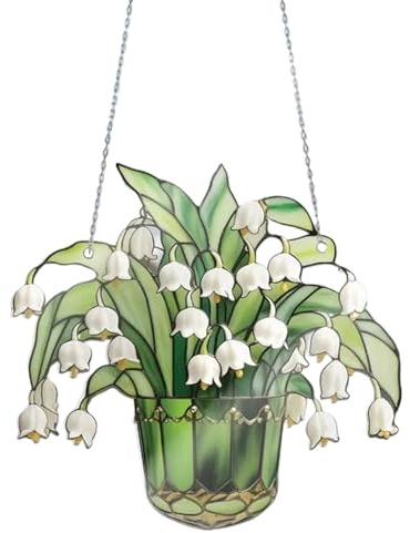 Maiglöckchen-Dekor, 22, 9 x 22, 9 cm, lebendiger Kristall-Buntglas-Fensteraufhänger mit Kette, Mehrfarbig, weiße Glockenblumen, Fensterfänger, Ornament für Zuhause