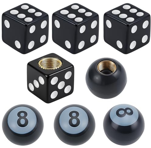 SOFPLATE 8Pcs 2 Styles Dice Style Tire Valve Stem Caps 8 Ball Tire Caps Black Universal Copper Core Dustproof Corrosion Resistant Leak Valve Stem Covers for Cars SUVs Bike Trucks Motorcycles Bicycles