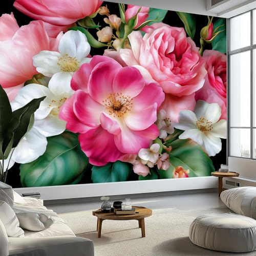 Carta da Parati Fotografica 3D Effetto Acquerello Foglie Fiori - Rosa Carta da Parati Per Soggiorno Camera da Letto Fotomurali Tv Hotel Corridoio Sfondo Dipinto Murale 300 x 210 cm