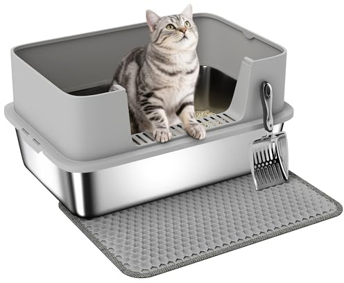 PawHut Katzentoilette XXL für Große Katzen 60,2 x 40,2 x 29,5 cm, Grau | Edelstahl, Offene Katzenklo Ohne Deckel, Mit Schaufel, Hohem Rand, Matte, Cat Litter Box, Bis 7 kg