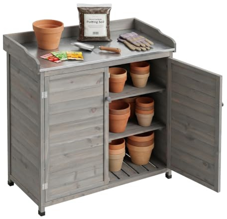 Relaxdays Tavolo da giardino in legno, piano zincato, grigio | HxLxP: 106 x 94,5 x 45 cm, per giardinaggio