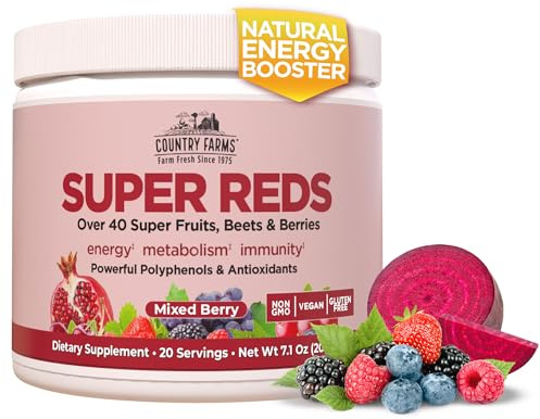 Country Farms Super Reds, Energizing Polyphenol Superfood, Over 40 Super Fruits and Berries, Powerful Antioxidants and Polyphenols, Supports Energy, Supports Circulation, 20 Servings, Mixed Berry
