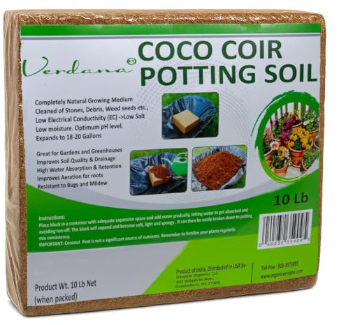 Verdana Coco Coir Potting Soil Brick – 10 Lb - Peat Moss Alternative for Potting Mix, Raised Bed Soil, Organic Gardening & Seed Starting - Compressed Coconut Fiber Block Expands to 18 Gallons
