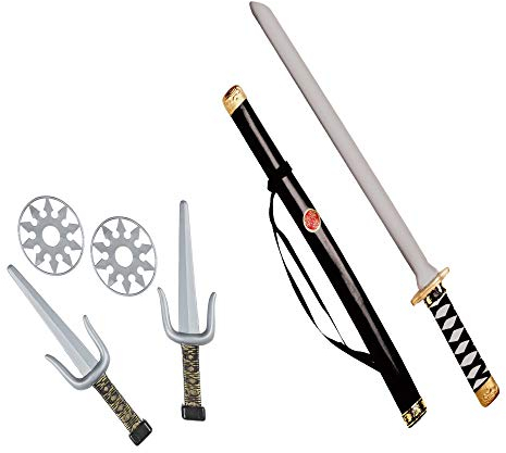 W WIDMANN MILANO Party Fashion 27271 - Ninja Waffenset, 1 Schwert mit Scheide, 2 Dolche, 2 Shuriken, Accessoire, Mottoparty, Karneval