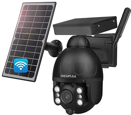 SHIWOJIA Solar Powered CCTV Camera Wireless Outdoor, 2.4GHz Wifi Camera 1080P HD Rechargeable Battery Security Camera with 2 Way Audio,Color Night Vision,IP66 Waterproof,PIR & Motion Sensor, Black