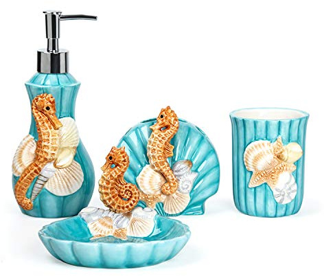 FORLONG Badezimmerzubehör-Set aus Keramik, 4-teiliges 3D-schwimmendes Seepferdchen-Muschel-Badezimmer-Ensemble-Set mit Zahnbürstenhalter, Zahnputzbecher, Seifenspender, Seifenschale, Grün