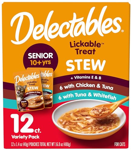 Delectables Lickable Treat Stew Senior 10+ Wet Cat Treat with Real Chicken, Food Topper, Hydrating, Grain-Free, No Fillers, No By-Products, No Added Preservatives, 1.4oz Pouch, 12ct