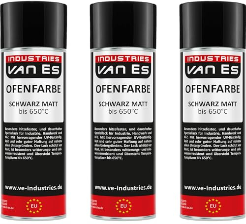 VE-INDUSTRIES Thermolack 3x 400ml Spray Ofenlack Auspufflack Hitzebeständiger Lack 650°C Ofenfarbe Schwarz matt