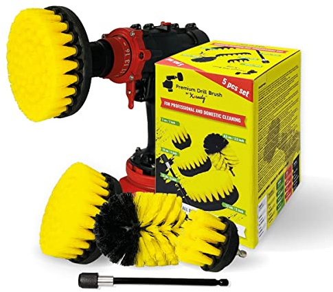 Kornely Bürstenaufsatz Akkuschrauber, Mittelweich 5pcs Kit, Gelb, Bad | 13/10/8.5/5 cm + 15 cm Verl., 10x effizienter, kratzfrei; Fugen, Duschen, Fiberglas, Keramik; Sechskantschäfte 6/8 mm
