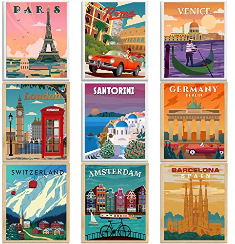Outus 9 Pcs Travel City Posters 8x10 Inch Nature Mountain Art Unframed
