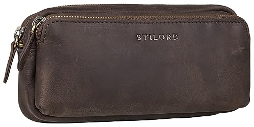 STILORD Melissa Federmäppchen Leder Groß Vintage mit Reißverschluss Stiftemappe Großes Etui Schule Uni Echtleder Kosmetiktasche für Damen und Herren Farbe:dunkel - braun
