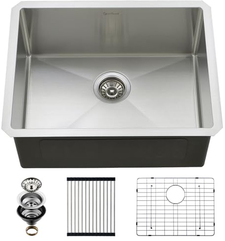 EcoChannels Undermount Kitchen Sink, 24 x 19 x 10 Inch 16 Gauge Single Bowl Kitchen Sink T-304 Stainless Steel Laundry Sinks