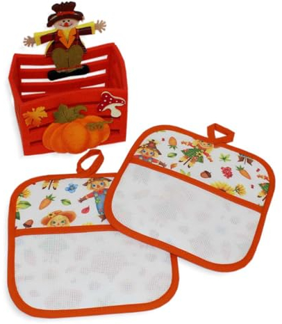 hobbymio.it Coppia di presine da ricamare a Punto Croce con Cestino in Feltro, presine Autunnali da ricamare a Punto Croce in Fantasia spaventapasseri Arancione