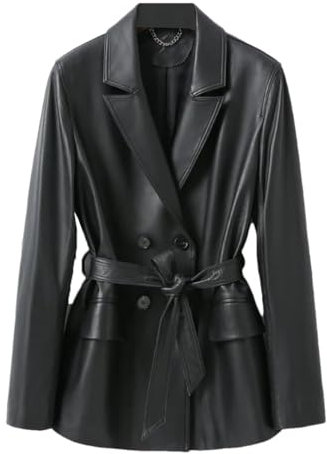 Echtes Lammfell Leder Jacke Blazer Zweireiher Knopf Büro Damen Gürtel Schaffell Jacke Mäntel, Schwarz , 36
