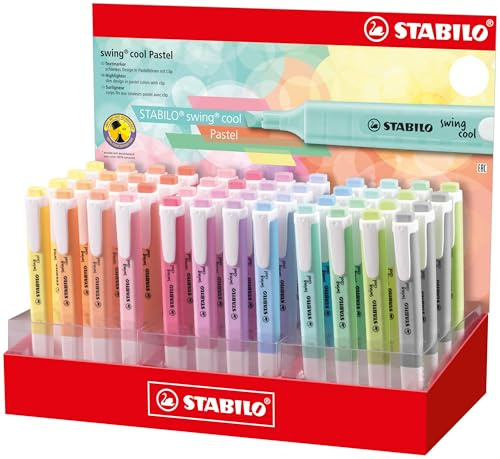 STABILO Swing Cool Pastel Präsentationsständer mit 48 fluoreszierenden Markern, flacher Körper, abgeschrägte Spitze, Strichbreite zwischen 1 und 4 mm, Tinte auf Wasserbasis, verschiedene