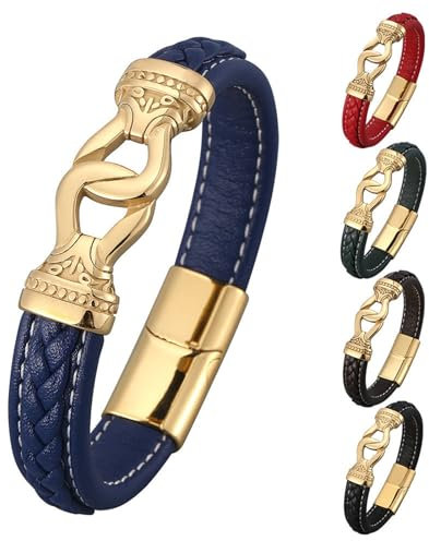 Beydodo Herren Armbänder mit Gravur, Leder Armband 12MM Ethno Knot mit Magnetverschluss Partnerarmband Blau Braun Grün Rot Leder 18.5CM