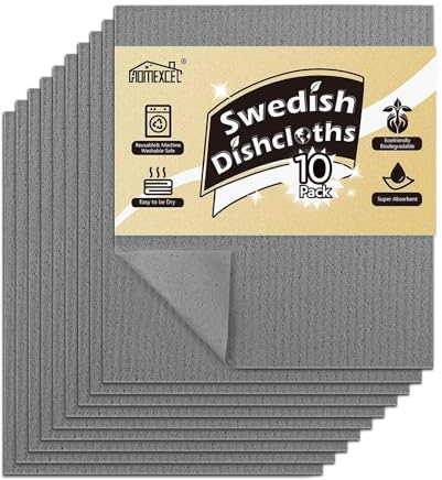 HOMEXCEL 10 Pack Reusable Washing Swedish Sponge Dish Cloths, Grey | Swedish Dish Cloths Reusable Sponge Rags Highly Absorbent for Counters, Dishes, and Everyday Kitchen Cleaning