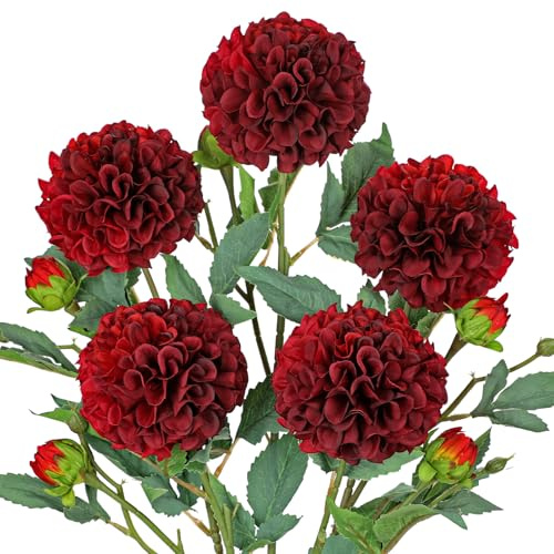 Hollyone 5 Stück Künstliche Dahlien Rot Kunstblumen Zweige mit Knospen, Dahlie Blumenarrangement Langen Stiel Gefälschte Blume Seidenblume für Vase Tischdeko Hochzeit Heimdekoration