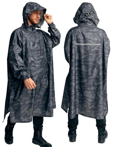 Jubi® Poncho antipioggia da uomo in 100% poliestere riciclato, grigio, sostenibile, leggero e impermeabile, grigio., Taglia unica