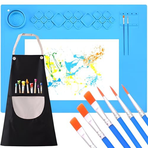 Outtshop Bastelmatte Silikon, 60x40CM Silikon Malmatte, Bringen Sie einen Becher, eine Schürze und zehn Pinsel mit, malunterlage für kinder, Für DIY-Projekte und Kindermalerei(Blau)