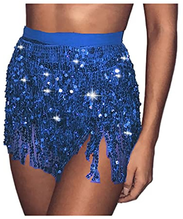 Danshinbow Halloween Sequin Costume Belly Dance Jupe Hanches avec Franges Jupe Hanches enveloppé Foulard Femmes Rave Costume (FR/ES, Tour de Taille, 32, Taille Normale, Taille Normale, Bleu Royal)