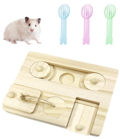 CQQNIU 1 Wooden Hamster Feeder, 3 Cleaning Sand Shovels, Fun Foraging Interactive Toys, Creative Food Dispensers, Hamster Toys