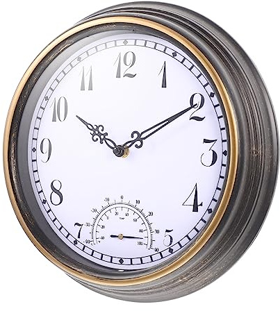 Amosfun Gartenuhr Für Den Außenbereich Mit Thermometer 12 Zoll Retro-wanduhr Für Schlafzimmerdekoration Jungen- Und Mädchenzimmer-wanddekoration