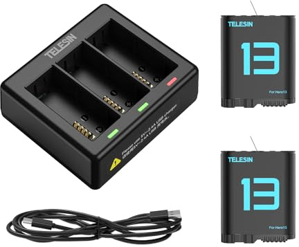 TELESIN Hero13 Triple Battery Charger Kit for GoPro HERO13 Black, 2-Pack Battery + Triple Charge Case with Type-C Charging Cord for Go Pro HERO13 Original Batteries Accessories