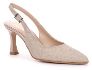 Valleverde 19101C Scarpe Eleganti da Donna con Tacco, Slingback Glitterato Champagne, Tacco 8 cm, Punta a Mandorla (Platino, Sistema Taglie Calzature EU, Adulto, Donna, Numero, Media, 36)